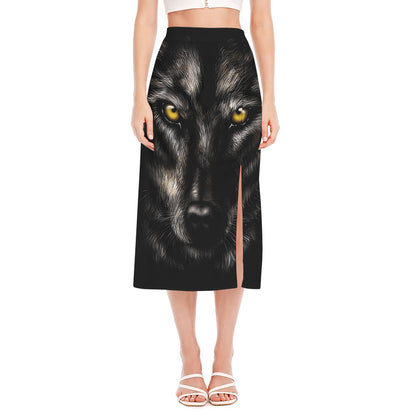 Black Wolf Portrait Print Side Slit Midi Skirt