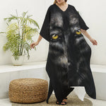 Black Wolf Portrait Print Silk V-Neck Kaftan Dress