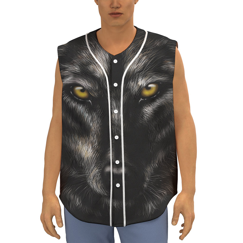 Black Wolf Portrait Print Sleeveless Baseball Jersey