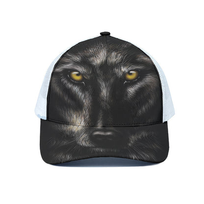 Black Wolf Portrait Print White Mesh Trucker Cap