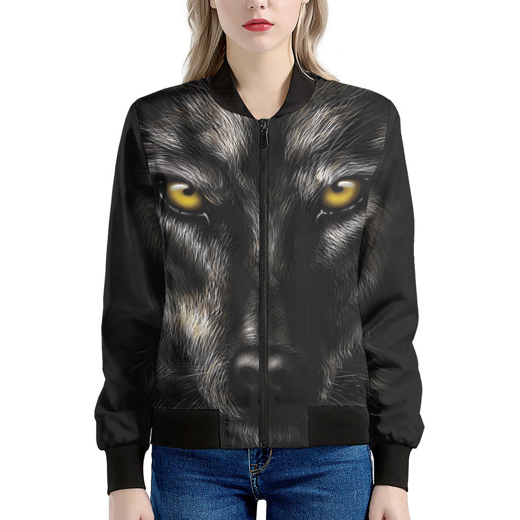 Black Wolf Portrait Print Women's Bomber Jacket