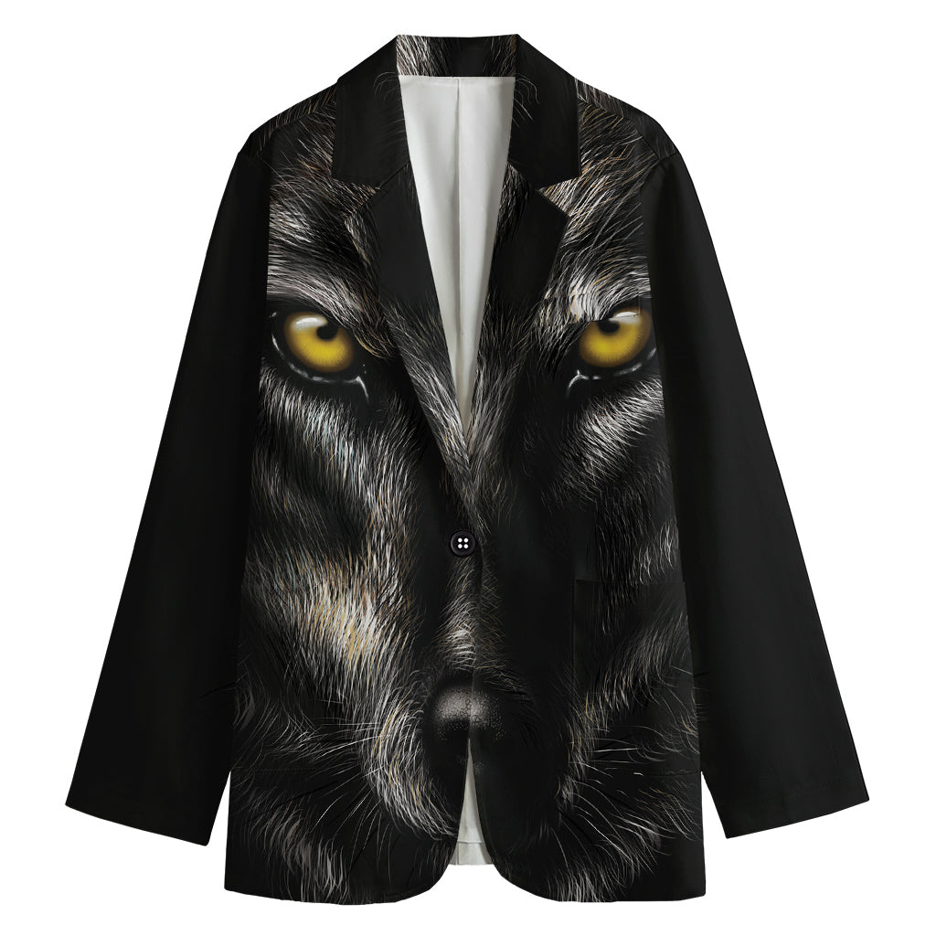 Black Wolf Portrait Print Women's Cotton Blazer