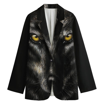 Black Wolf Portrait Print Women's Cotton Blazer