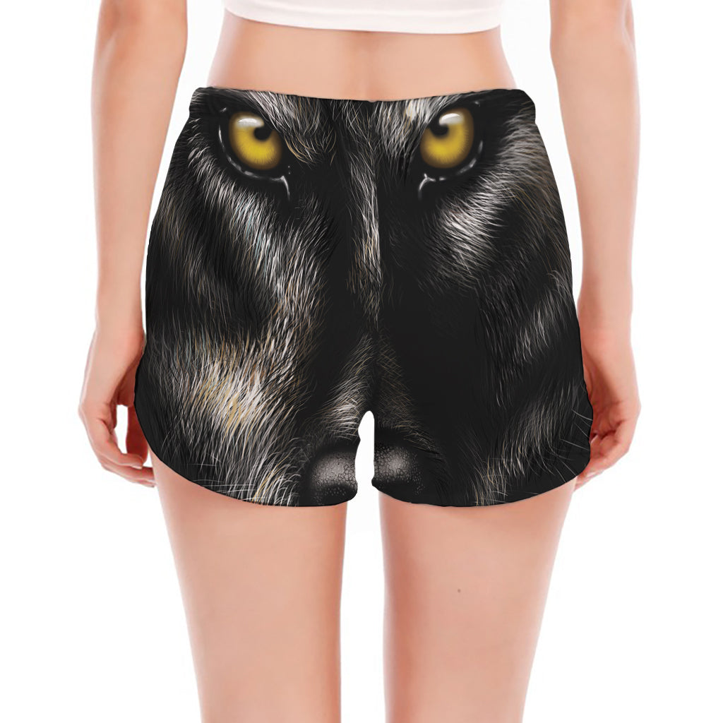 Black Wolf Portrait Print Women's Split Running Shorts