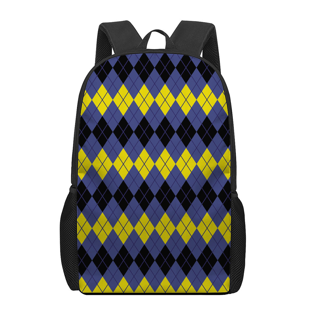 Black Yellow And Blue Argyle Print 17 Inch Backpack