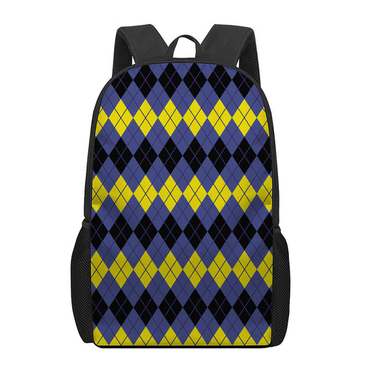 Black Yellow And Blue Argyle Print 17 Inch Backpack