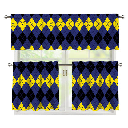 Black Yellow And Blue Argyle Print 3 Piece Kitchen Curtains