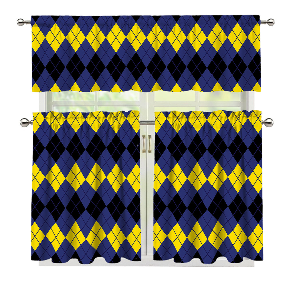 Black Yellow And Blue Argyle Print 3 Piece Kitchen Curtains