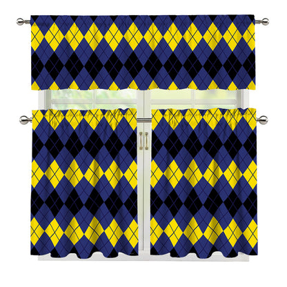 Black Yellow And Blue Argyle Print 3 Piece Kitchen Curtains