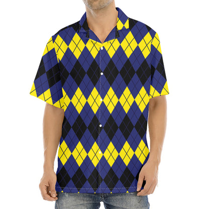 Black Yellow And Blue Argyle Print Aloha Shirt