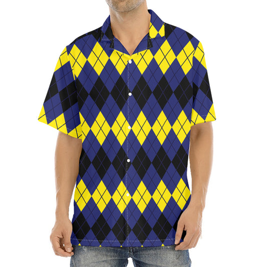 Black Yellow And Blue Argyle Print Aloha Shirt