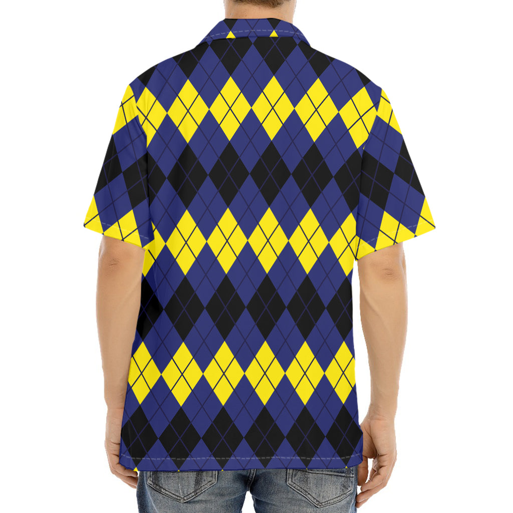 Black Yellow And Blue Argyle Print Aloha Shirt