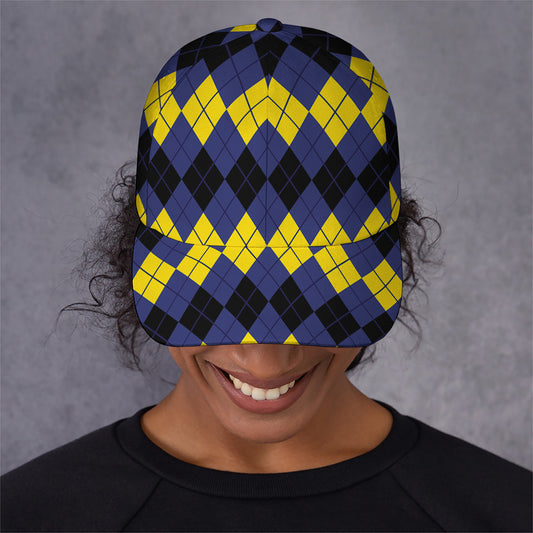Black Yellow And Blue Argyle Print Baseball Cap