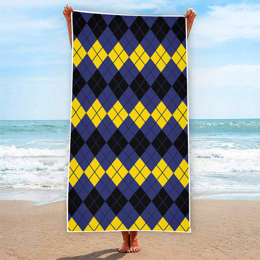Black Yellow And Blue Argyle Print Beach Towel