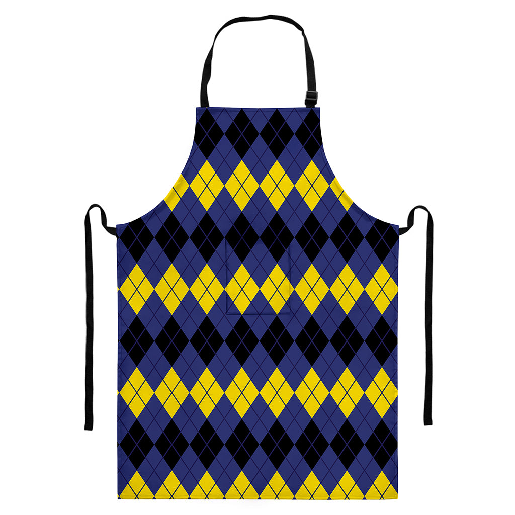 Black Yellow And Blue Argyle Print Bib Apron With Pocket