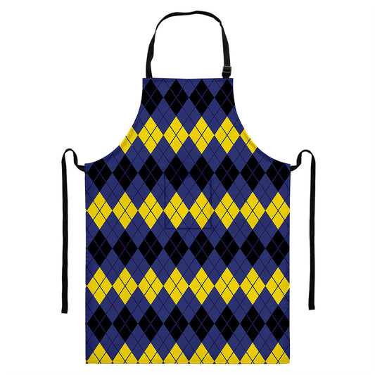 Black Yellow And Blue Argyle Print Bib Apron With Pocket