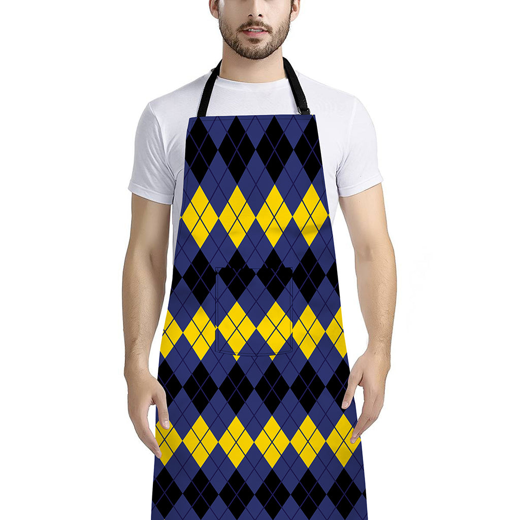 Black Yellow And Blue Argyle Print Bib Apron With Pocket