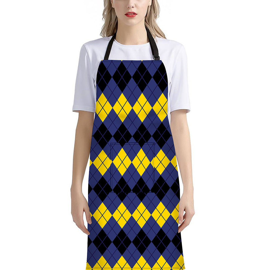 Black Yellow And Blue Argyle Print Bib Apron With Pocket