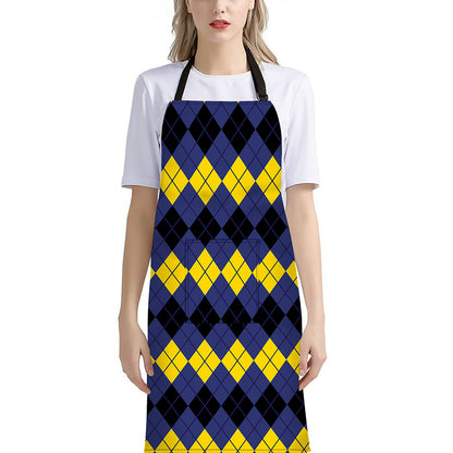 Black Yellow And Blue Argyle Print Bib Apron With Pocket