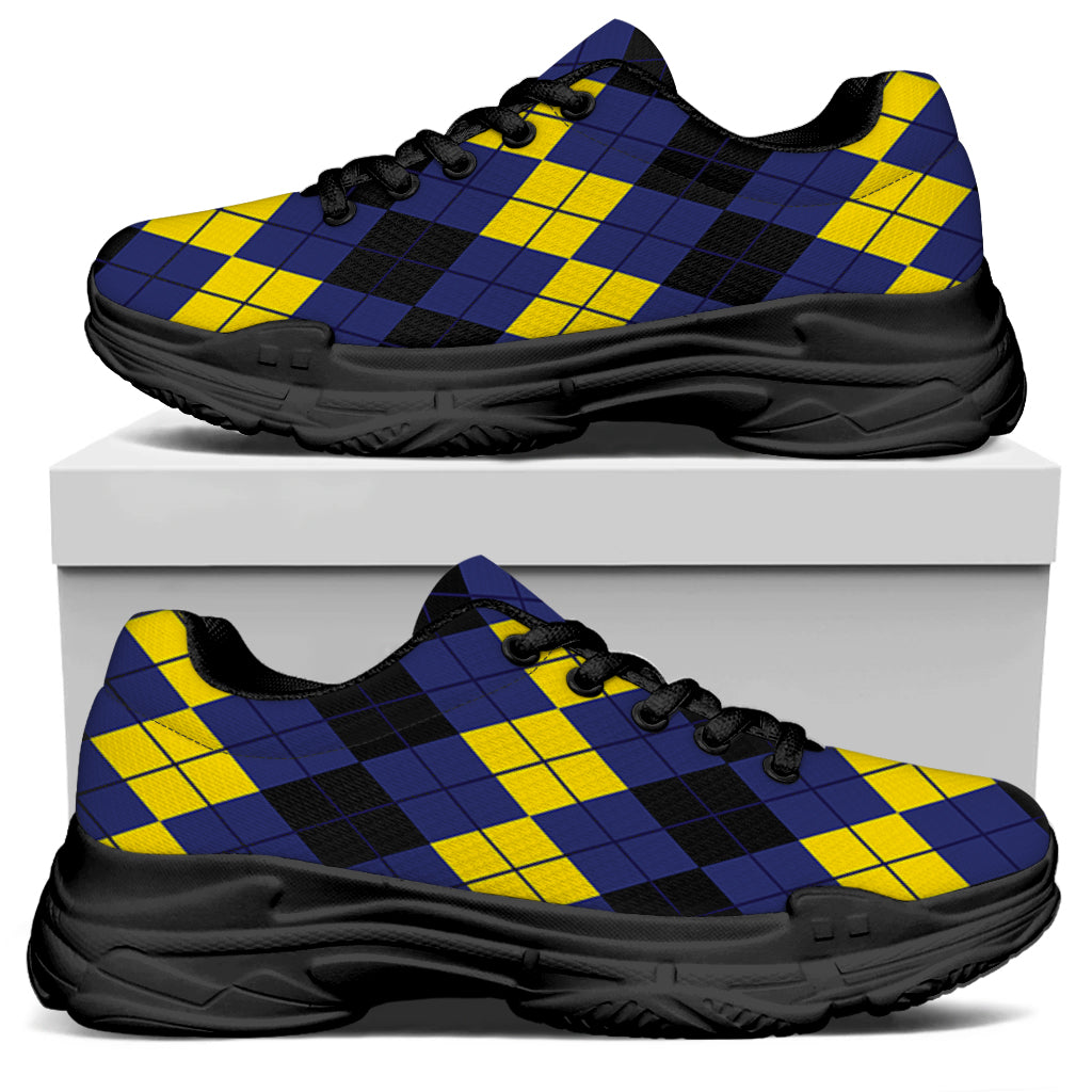 Black Yellow And Blue Argyle Print Black Chunky Shoes