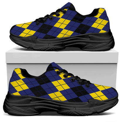 Black Yellow And Blue Argyle Print Black Chunky Shoes