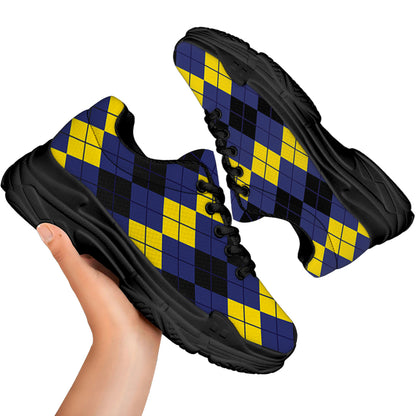 Black Yellow And Blue Argyle Print Black Chunky Shoes