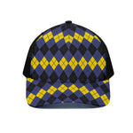 Black Yellow And Blue Argyle Print Black Mesh Trucker Cap
