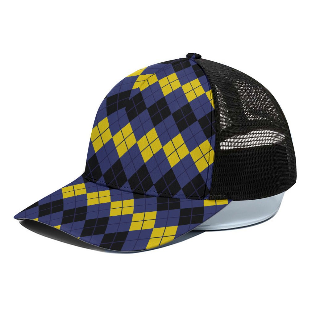 Black Yellow And Blue Argyle Print Black Mesh Trucker Cap