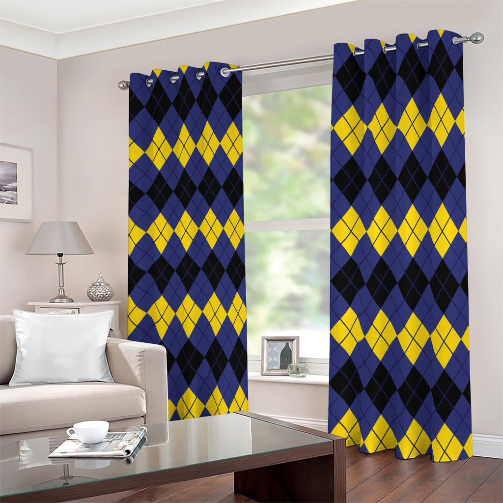 Black Yellow And Blue Argyle Print Blackout Grommet Curtains