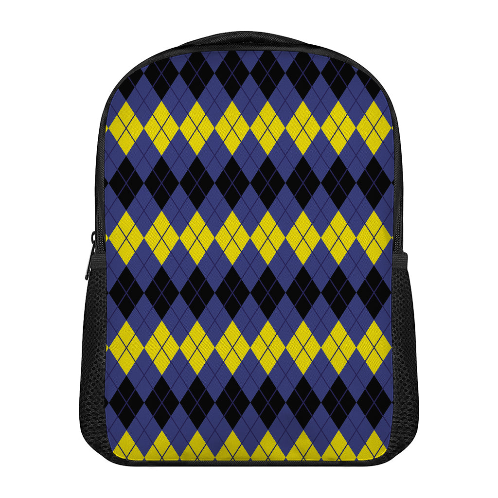Black Yellow And Blue Argyle Print Casual Backpack