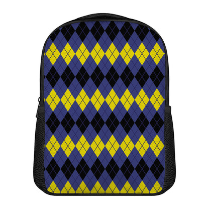 Black Yellow And Blue Argyle Print Casual Backpack