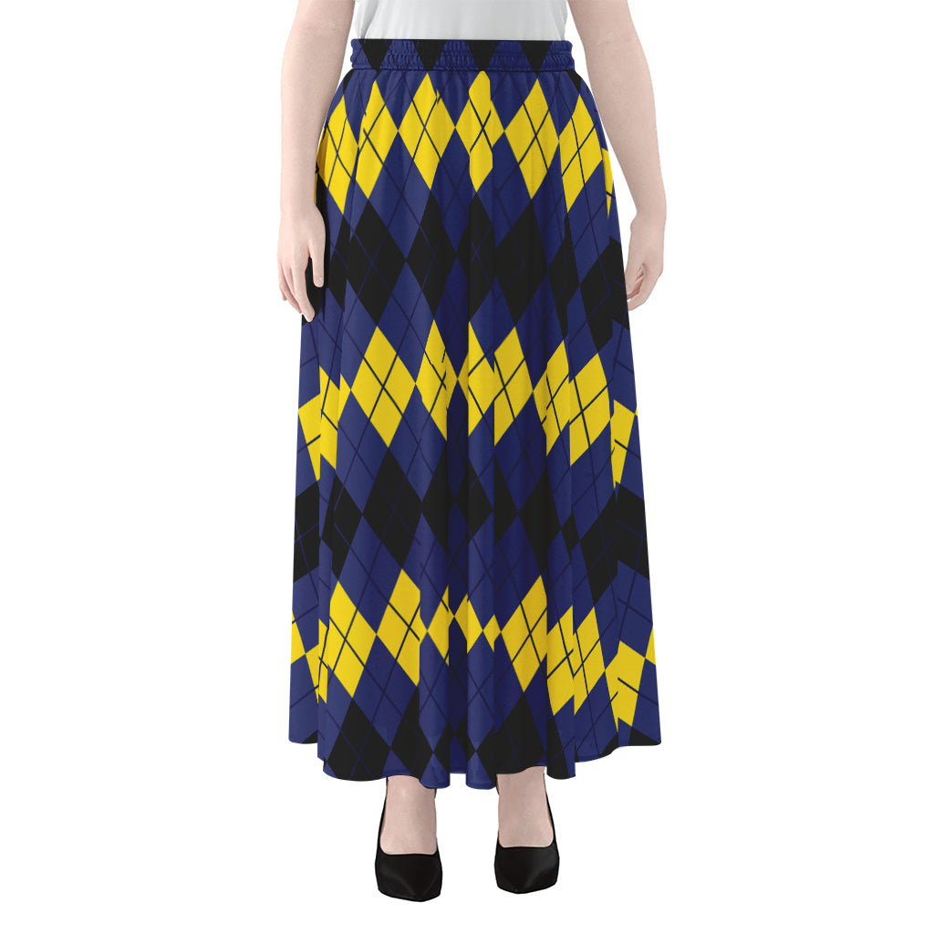 Black Yellow And Blue Argyle Print Chiffon Maxi Skirt