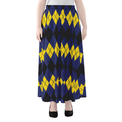 Black Yellow And Blue Argyle Print Chiffon Maxi Skirt