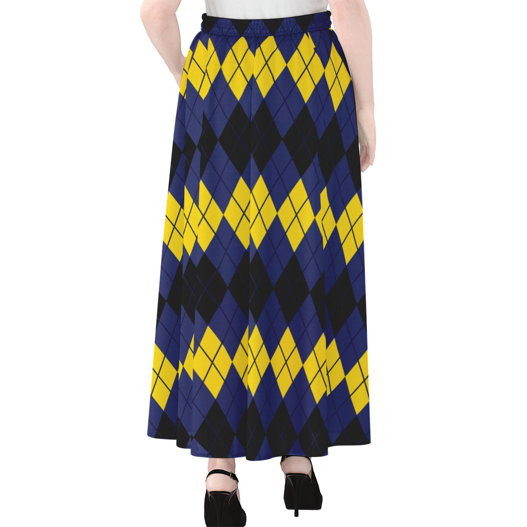 Black Yellow And Blue Argyle Print Chiffon Maxi Skirt