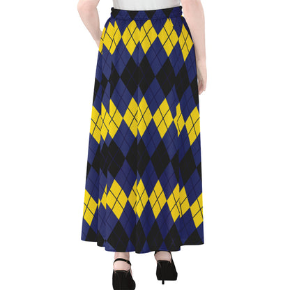 Black Yellow And Blue Argyle Print Chiffon Maxi Skirt