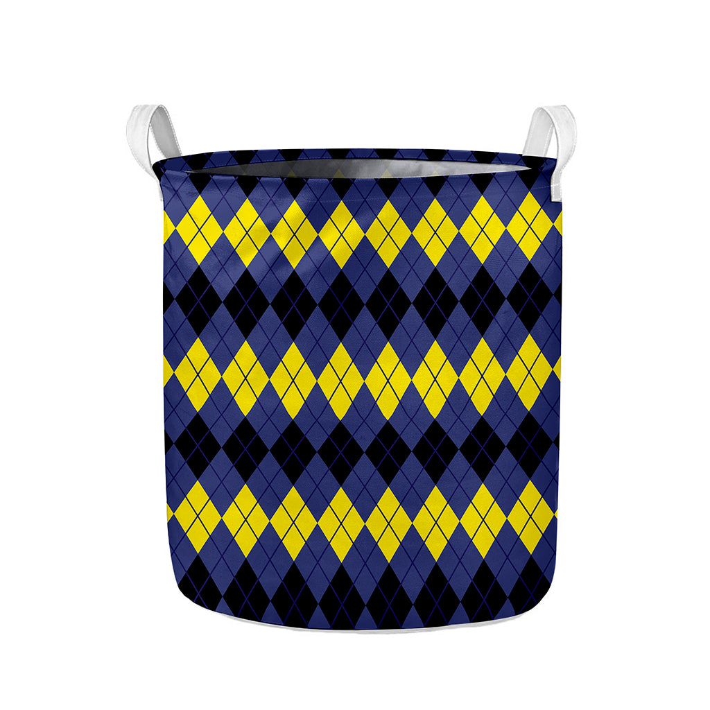 Black Yellow And Blue Argyle Print Collapsible Laundry Basket