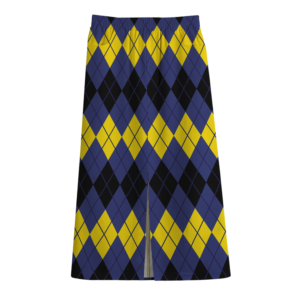 Black Yellow And Blue Argyle Print Cotton Front Slit Maxi Skirt