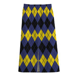 Black Yellow And Blue Argyle Print Cotton Front Slit Maxi Skirt