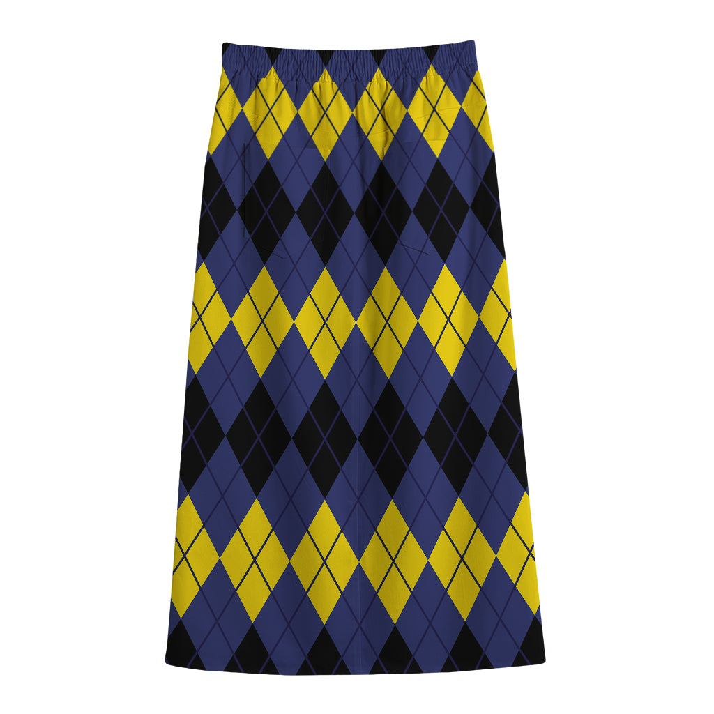 Black Yellow And Blue Argyle Print Cotton Front Slit Maxi Skirt