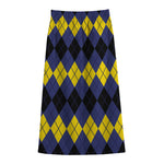 Black Yellow And Blue Argyle Print Cotton Front Slit Maxi Skirt