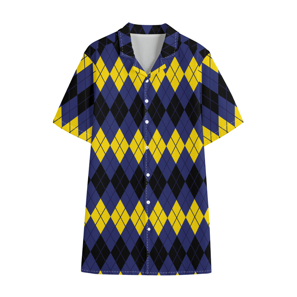 Black Yellow And Blue Argyle Print Cotton Hawaiian Shirt