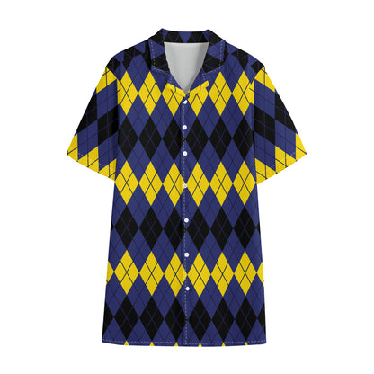 Black Yellow And Blue Argyle Print Cotton Hawaiian Shirt