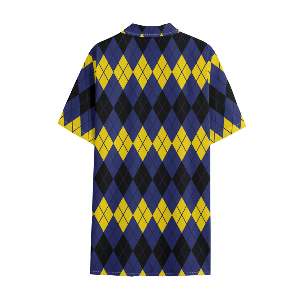 Black Yellow And Blue Argyle Print Cotton Hawaiian Shirt