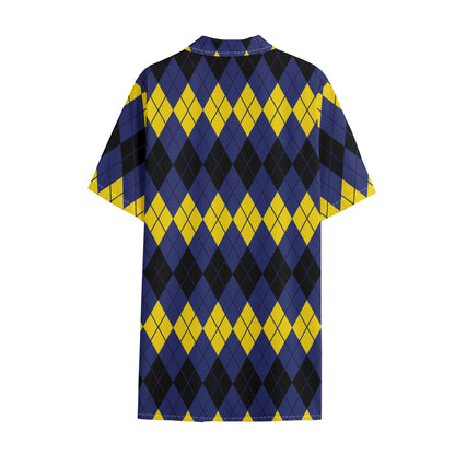 Black Yellow And Blue Argyle Print Cotton Hawaiian Shirt