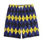 Black Yellow And Blue Argyle Print Cotton Shorts