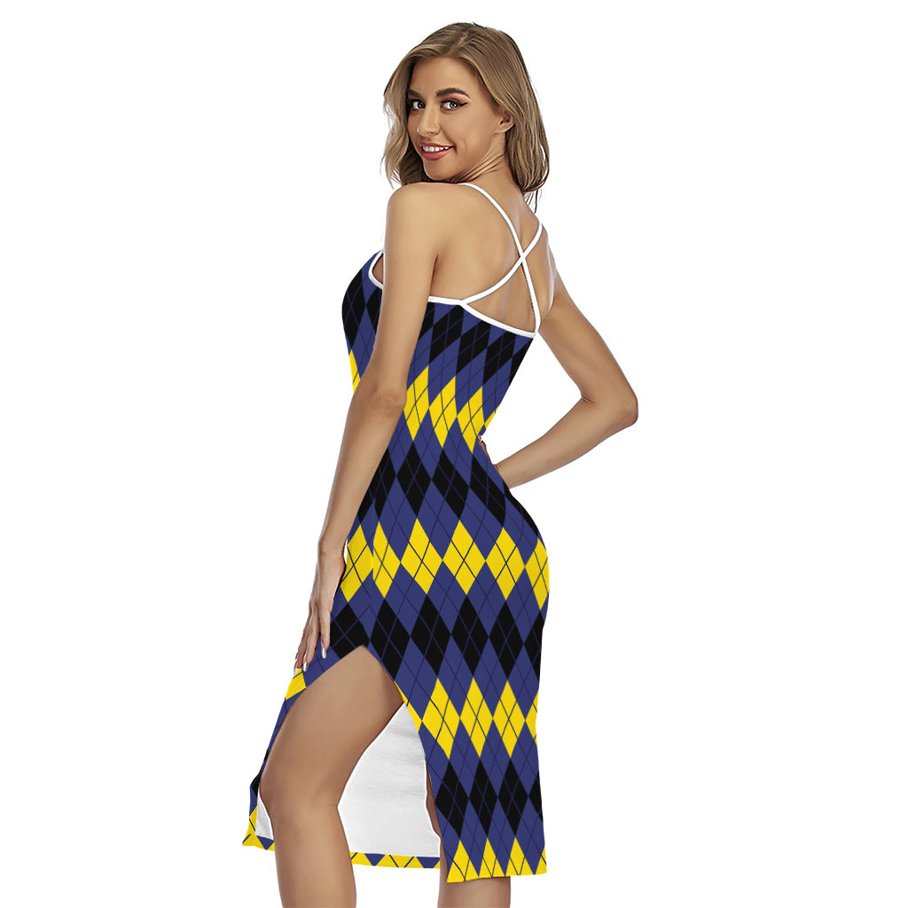 Black Yellow And Blue Argyle Print Cross Back Cami Dress