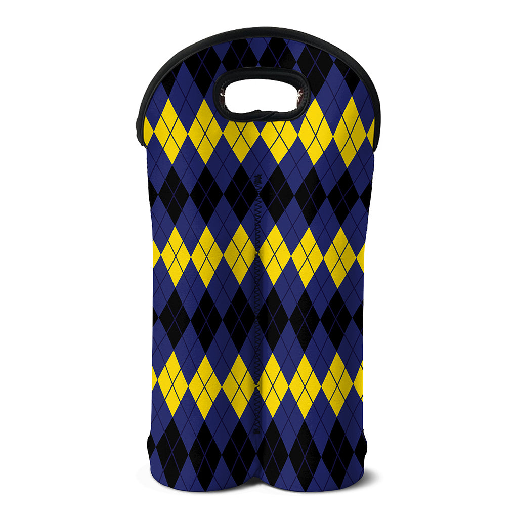 Black Yellow And Blue Argyle Print Double Neoprene Wine Tote