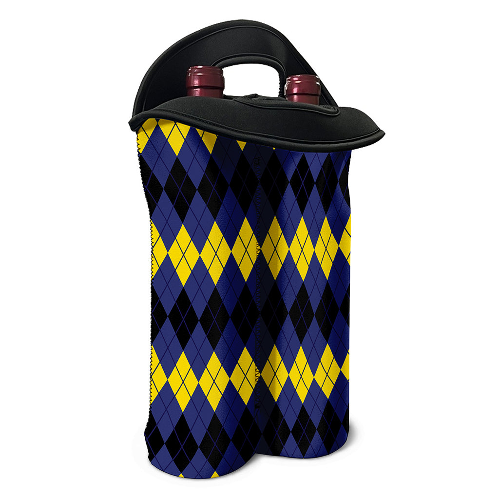 Black Yellow And Blue Argyle Print Double Neoprene Wine Tote