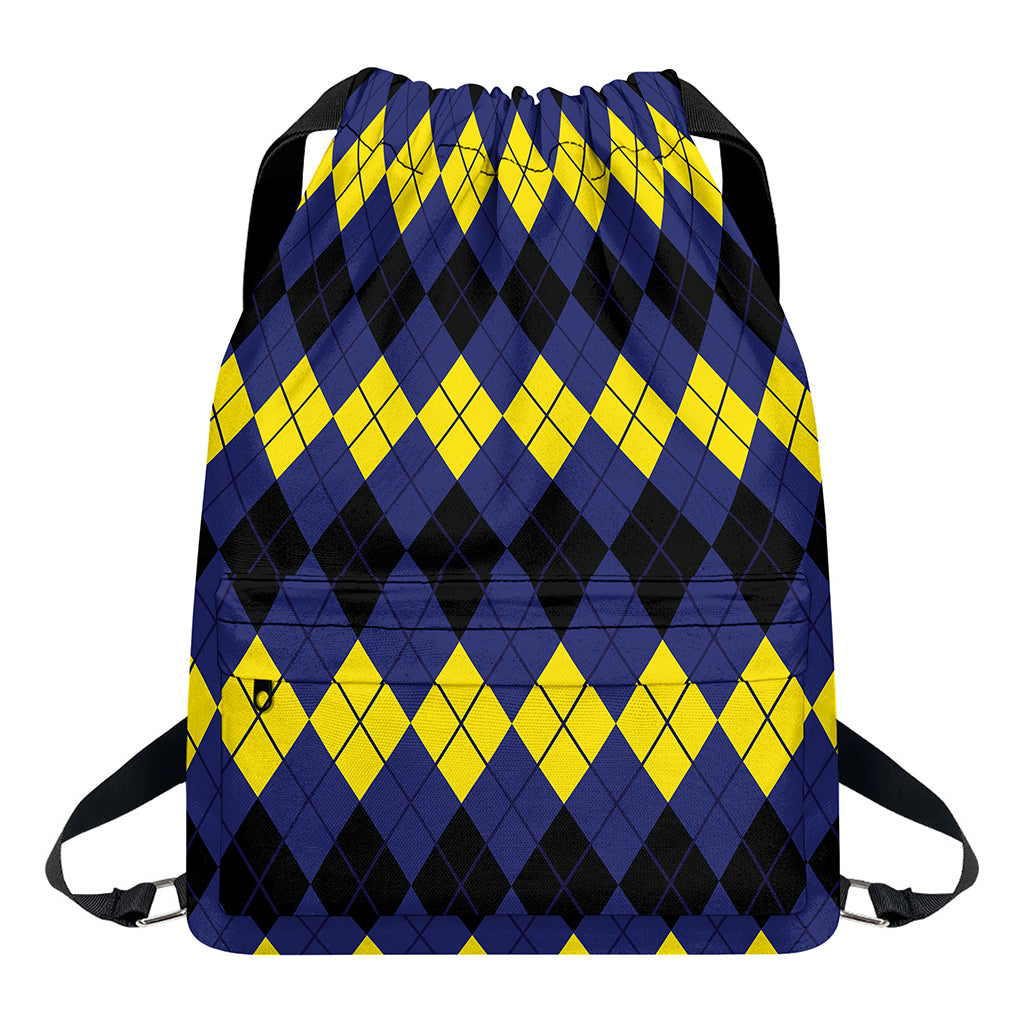 Black Yellow And Blue Argyle Print Drawstring Backpack