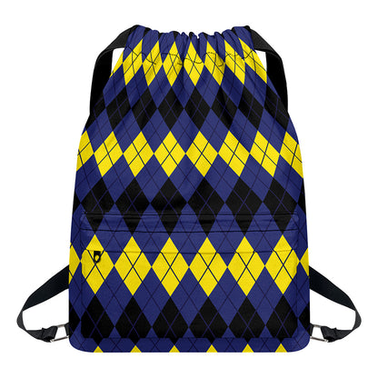 Black Yellow And Blue Argyle Print Drawstring Backpack